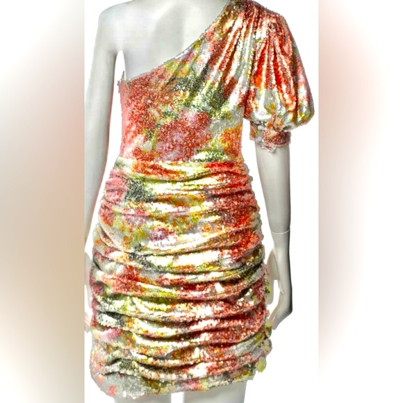 NWT RONNY KOBO MULTI COLOR ONE SHOULDER PUFF SLEEVE MINI DRESS SIZE M - Picture 2 of 9